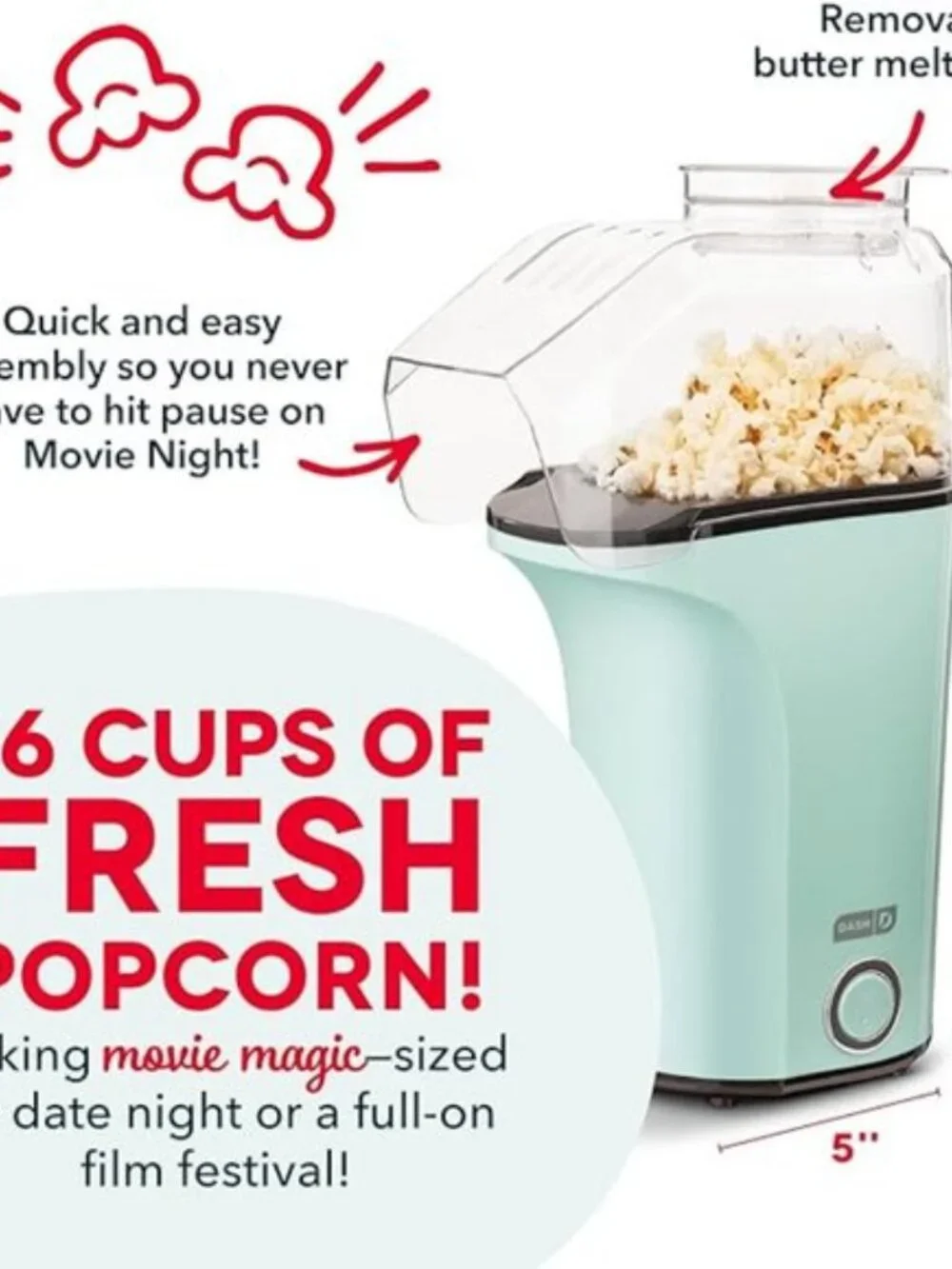 DASH Hot Air Popcorn Popper Maker with Measuring Cup 16 Cups- Aqua